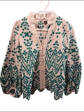 Embroidered White Peasant Blouse with Teal Pattern
